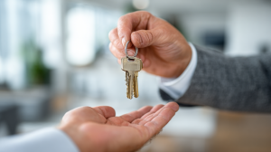 Ein Hausbauplan, ein Stift und ein Schlüsselbund liegen auf einem Holztisch und symbolisieren den Immobilienverkauf in Karlsruhe.